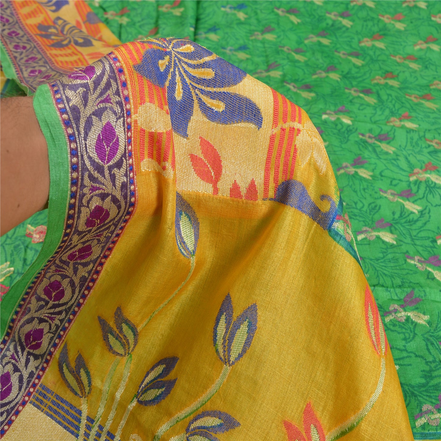 Санскритские винтажные зеленые/желтые индийские сари 100% чистый шелк сотканный сари устойчивая ткань