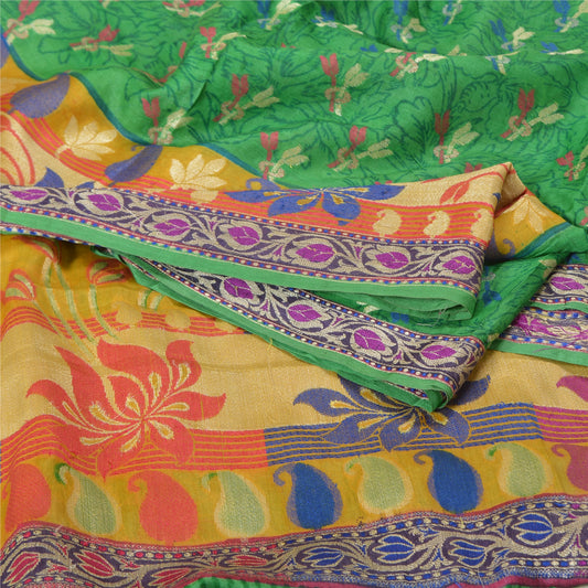 Sanskriti Vintage Green/Yellow Indian Sarees 100% Pure Silk Woven Sari Sustainable Fabric