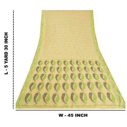 Sanskriti Vintage Cream Indian Sarees Cotton Silk Woven Premium Sari 5 YD Sustainable Fabric