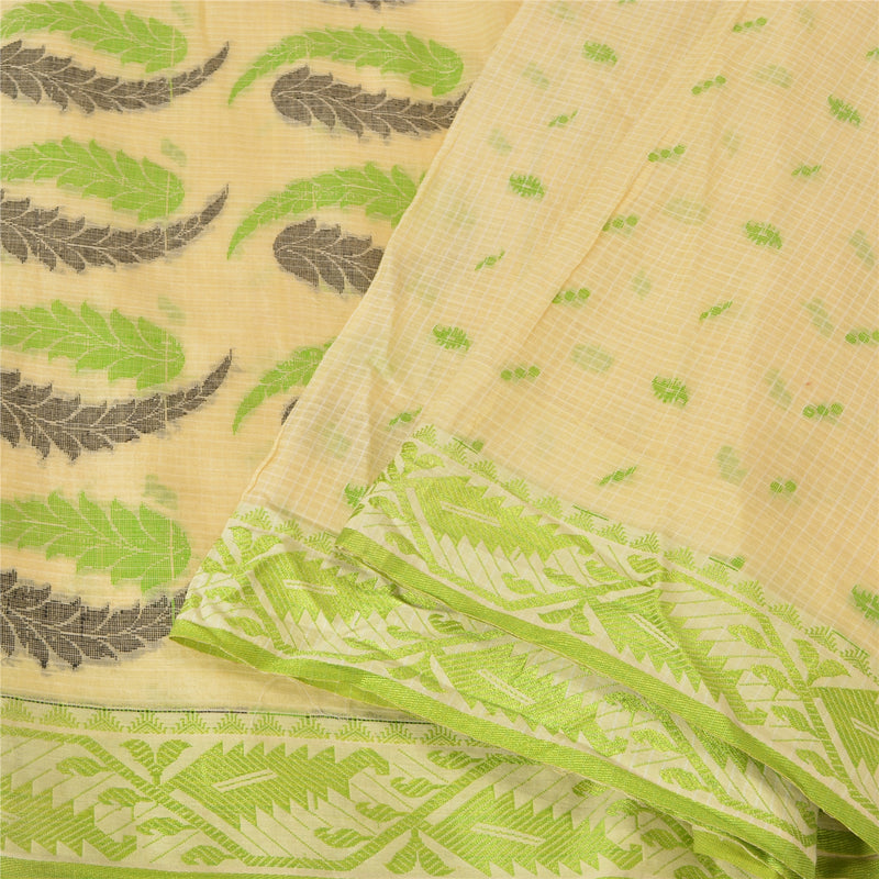 Sanskriti Vintage Cream Indian Sarees Cotton Silk Woven Premium Sari 5 YD Sustainable Fabric