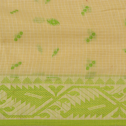 Sanskriti Vintage Cream Indian Sarees Cotton Silk Woven Premium Sari 5 YD Sustainable Fabric