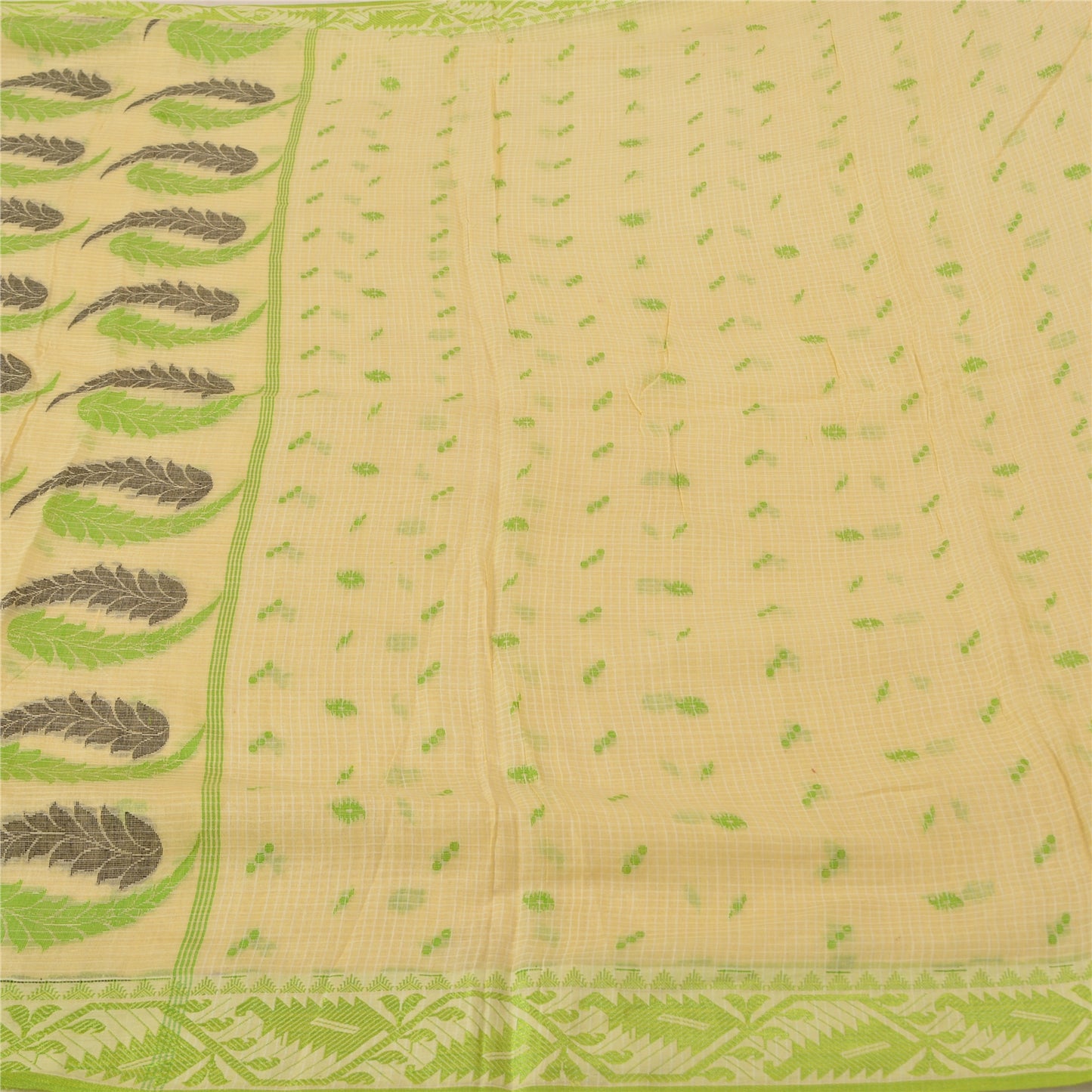 Sanskriti Vintage Cream Indian Sarees Cotton Silk Woven Premium Sari 5 YD Sustainable Fabric