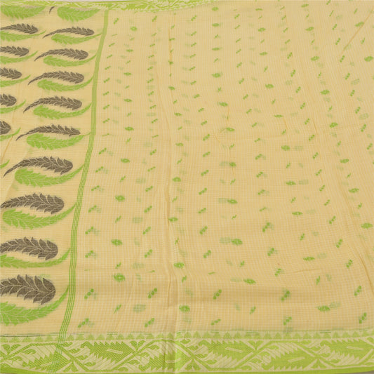 Sanskriti Vintage Cream Indian Sarees Cotton Silk Woven Premium Sari 5 YD Sustainable Fabric