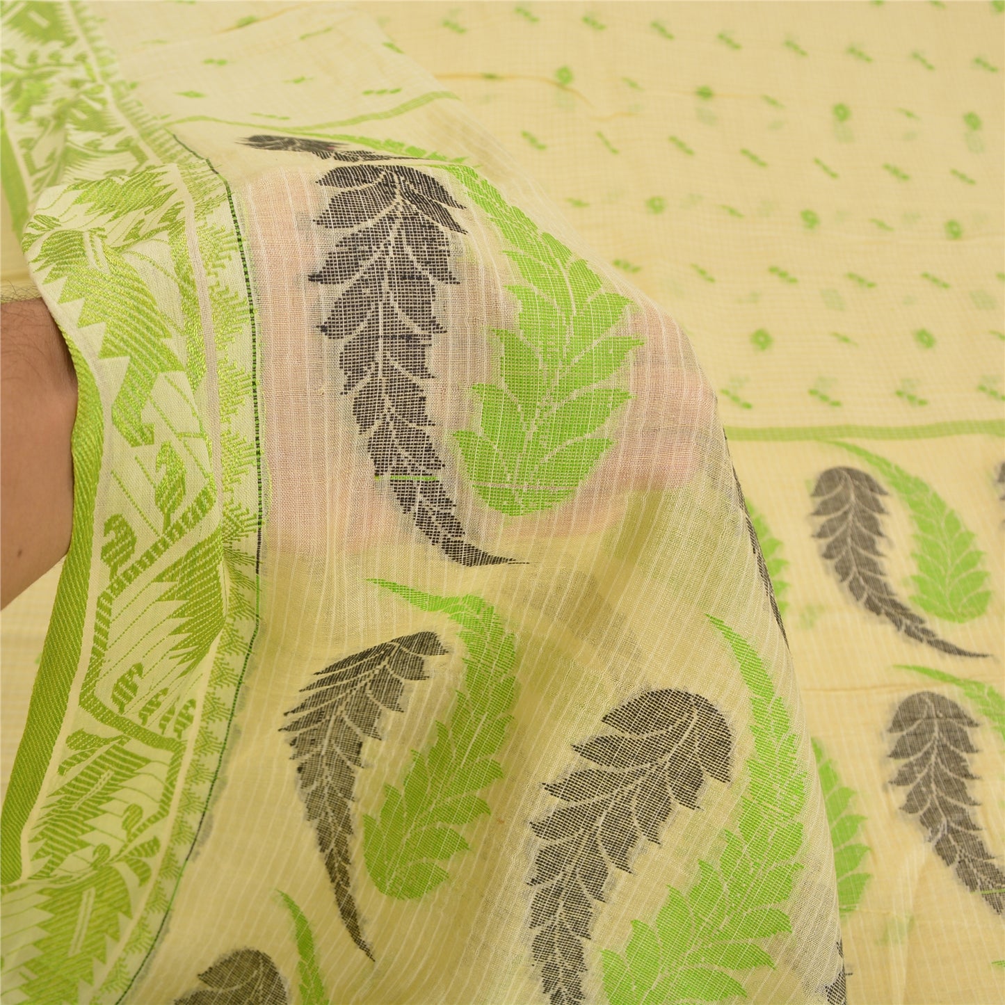 Sanskriti Vintage Cream Indian Sarees Cotton Silk Woven Premium Sari 5 YD Sustainable Fabric