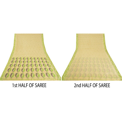 Sanskriti Vintage Cream Indian Sarees Cotton Silk Woven Premium Sari 5 YD Sustainable Fabric