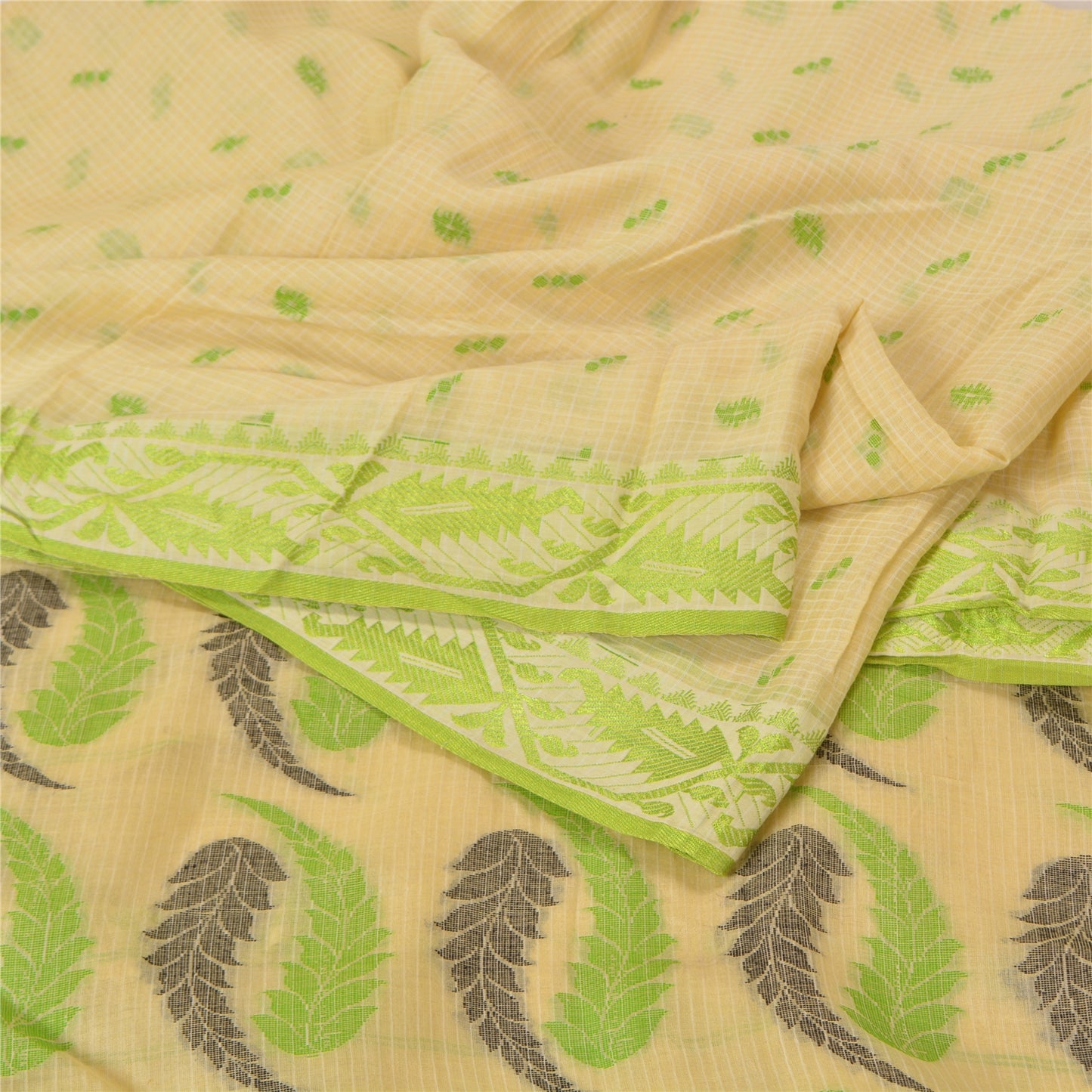 Sanskriti Vintage Cream Indian Sarees Cotton Silk Woven Premium Sari 5 YD Sustainable Fabric