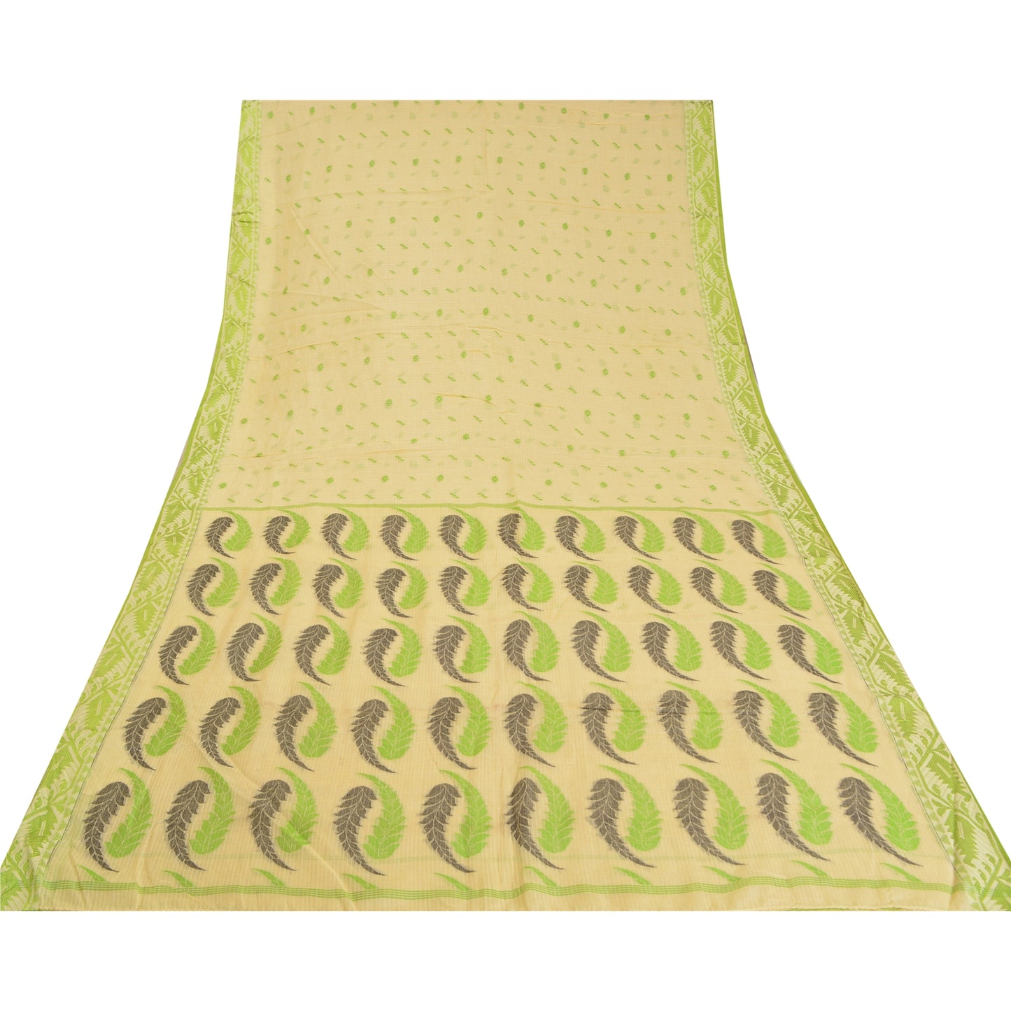 Sanskriti Vintage Cream Indian Sarees Cotton Silk Woven Premium Sari 5 YD Sustainable Fabric