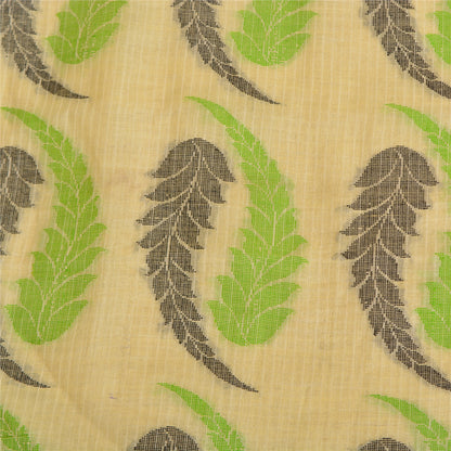 Sanskriti Vintage Cream Indian Sarees Cotton Silk Woven Premium Sari 5 YD Sustainable Fabric