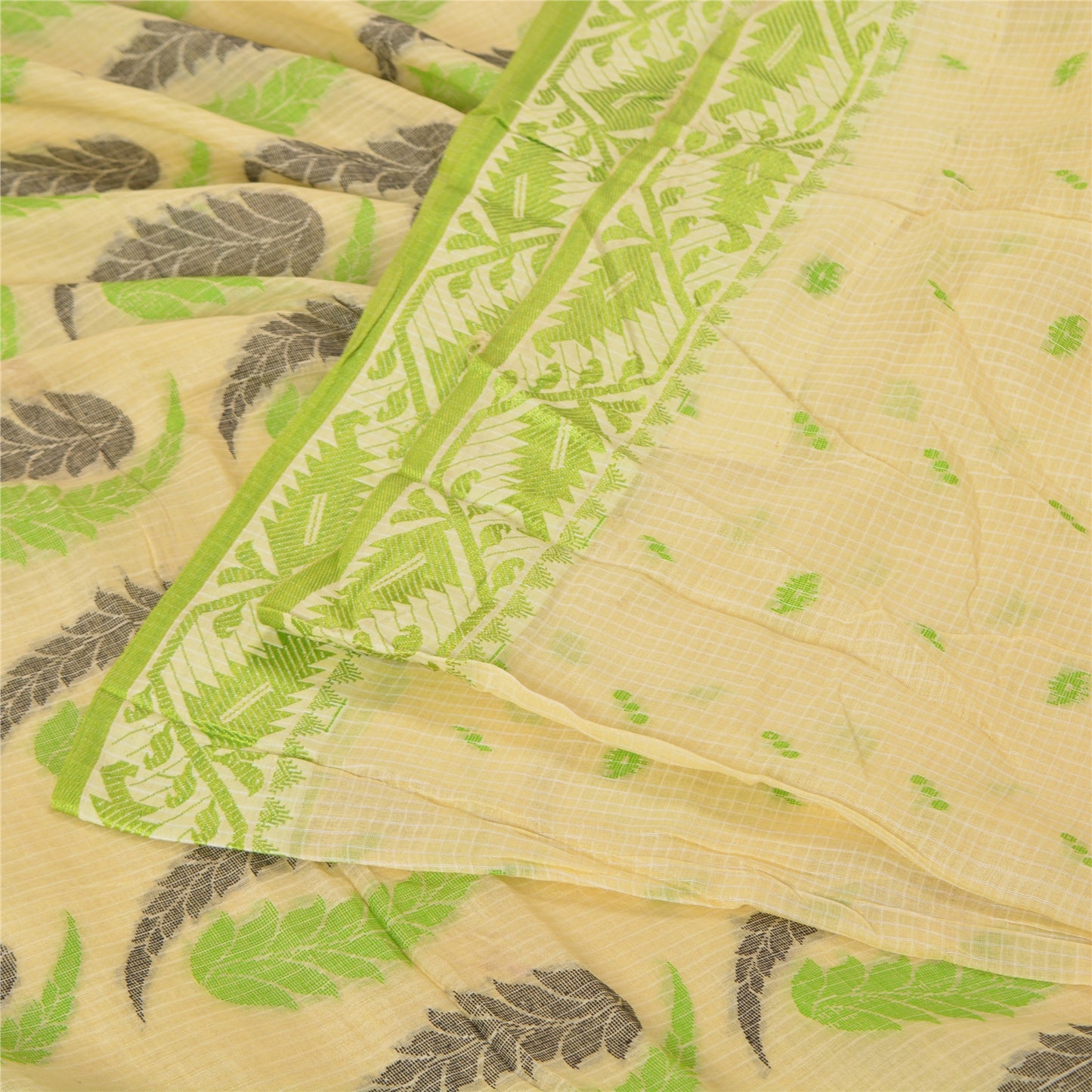 Sanskriti Vintage Cream Indian Sarees Cotton Silk Woven Premium Sari 5 YD Sustainable Fabric