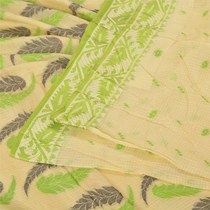 Sanskriti Vintage Cream Indian Sarees Cotton Silk Woven Premium Sari 5 YD Sustainable Fabric