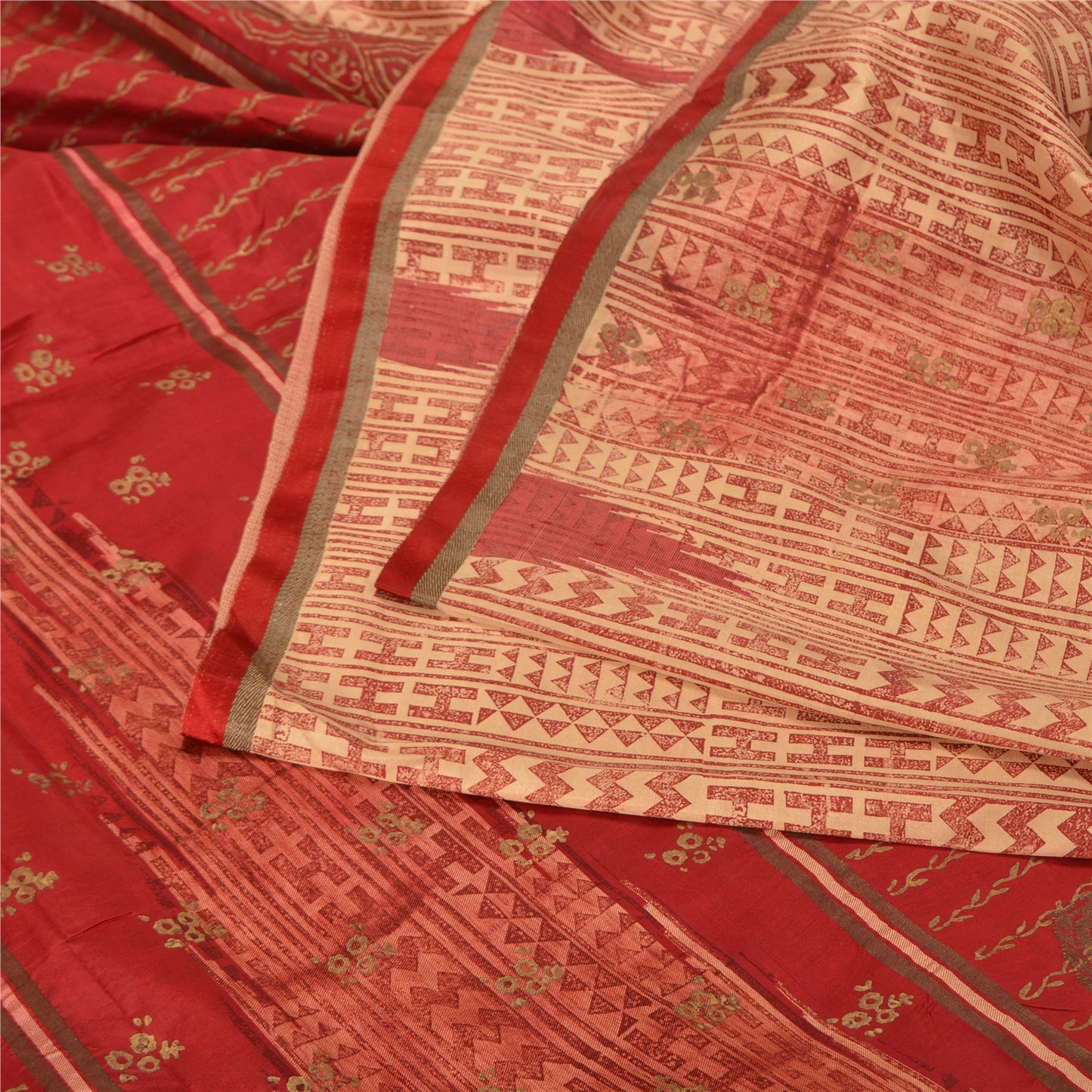 Sanskriti Vintage Cream/Dark Red Sarees Pure Silk Block Printed Sari Sustainable Fabric