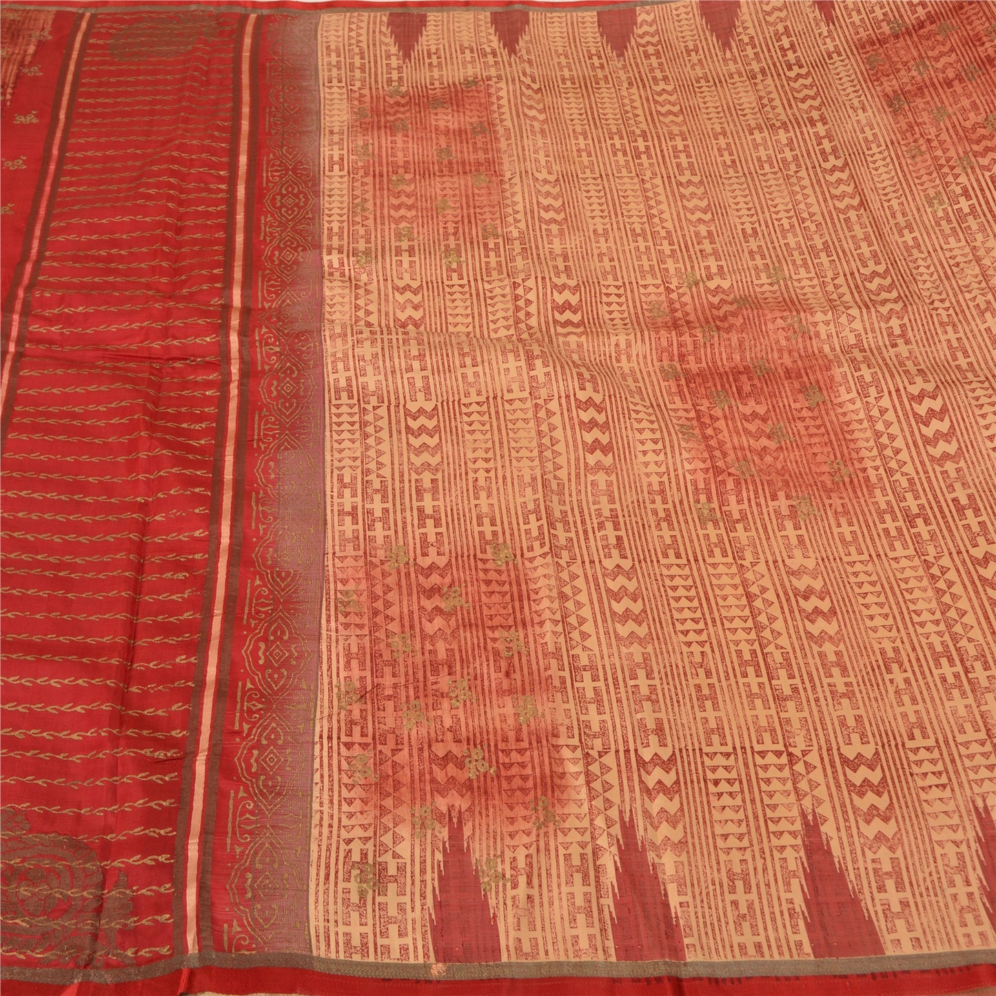 Sanskriti Vintage Cream/Dark Red Sarees Pure Silk Block Printed Sari Sustainable Fabric