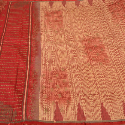 Sanskriti Vintage Cream/Dark Red Sarees Pure Silk Block Printed Sari Sustainable Fabric