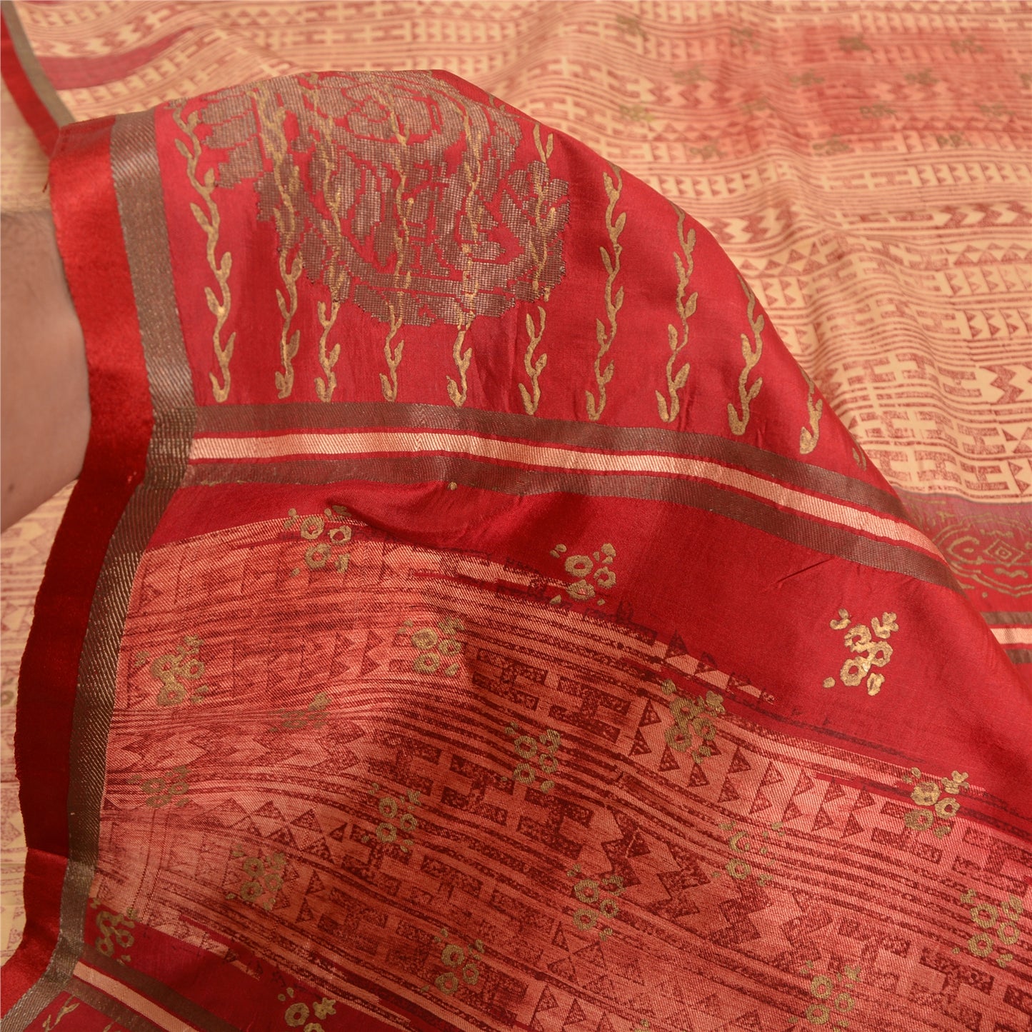 Sanskriti Vintage Cream/Dark Red Sarees Pure Silk Block Printed Sari Sustainable Fabric