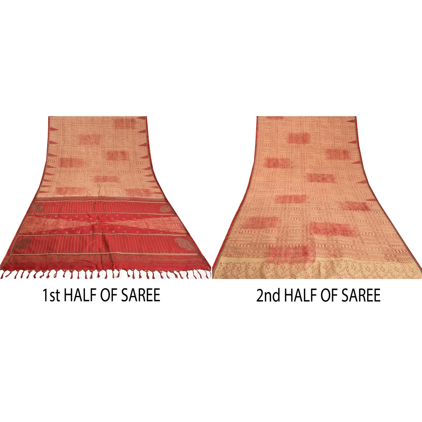 Sanskriti Vintage Cream/Dark Red Sarees Pure Silk Block Printed Sari Sustainable Fabric