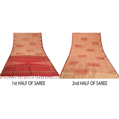 Sanskriti Vintage Cream/Dark Red Sarees Pure Silk Block Printed Sari Sustainable Fabric