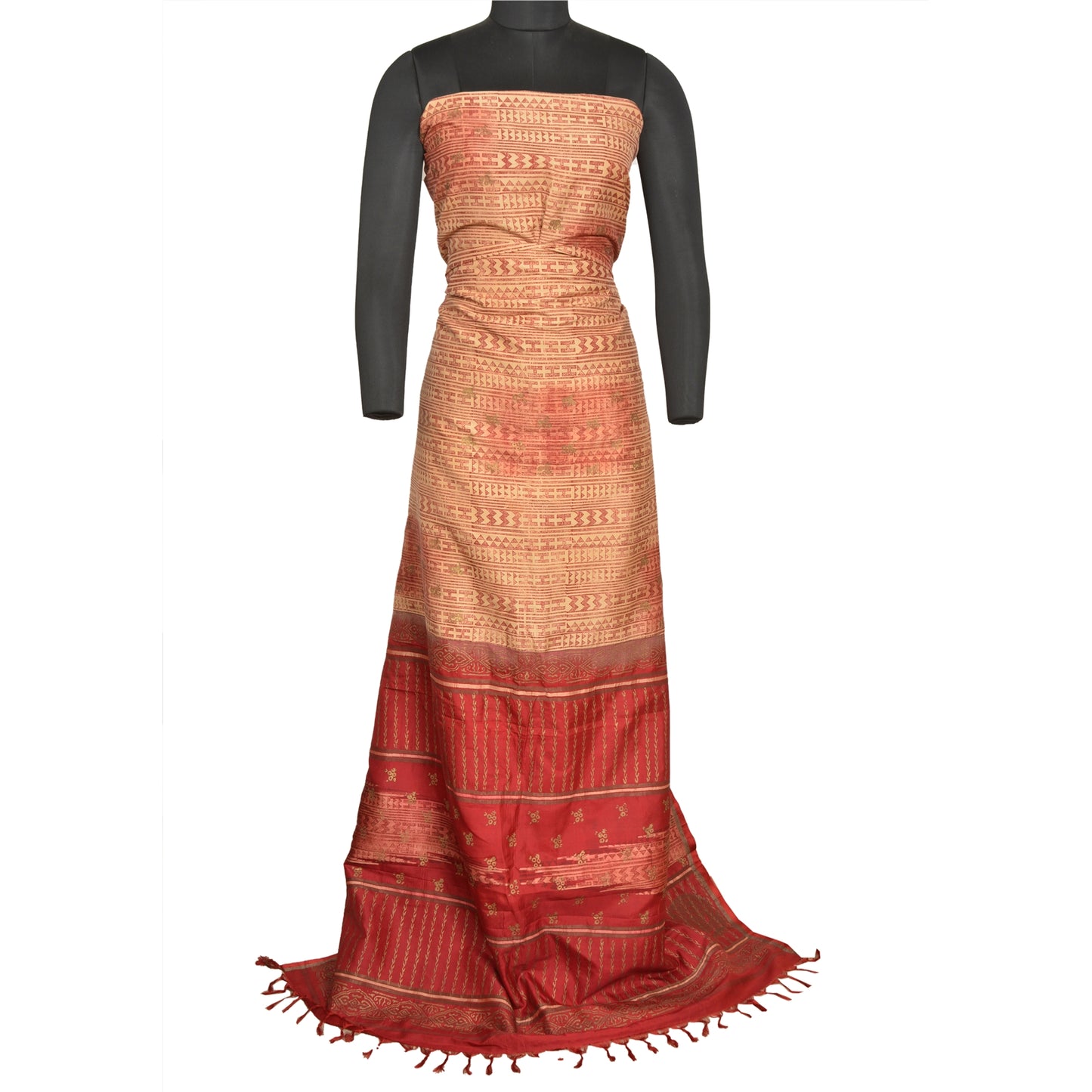 Sanskriti Vintage Cream/Dark Red Sarees Pure Silk Block Printed Sari Sustainable Fabric
