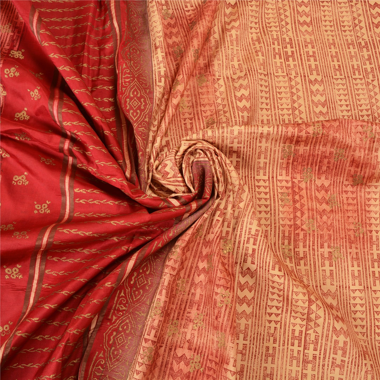 Sanskriti Vintage Cream/Dark Red Sarees Pure Silk Block Printed Sari Sustainable Fabric