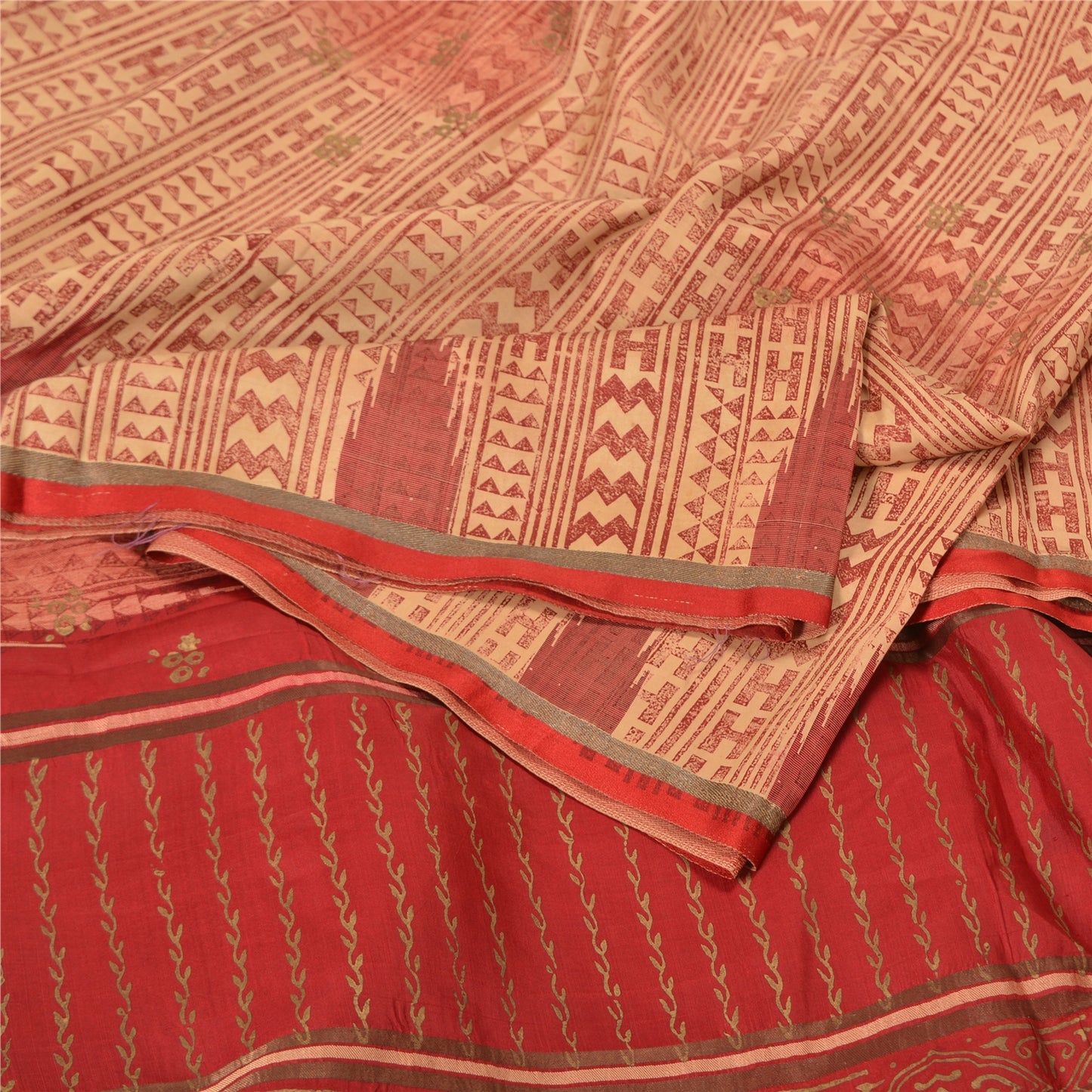 Sanskriti Vintage Cream/Dark Red Sarees Pure Silk Block Printed Sari Sustainable Fabric