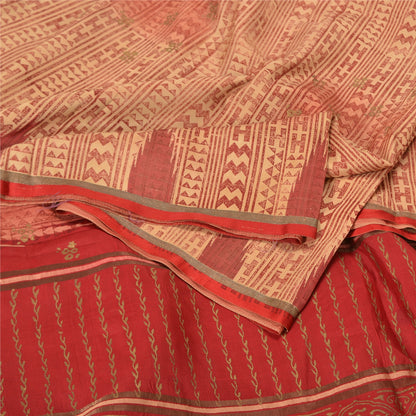 Sanskriti Vintage Cream/Dark Red Sarees Pure Silk Block Printed Sari Sustainable Fabric