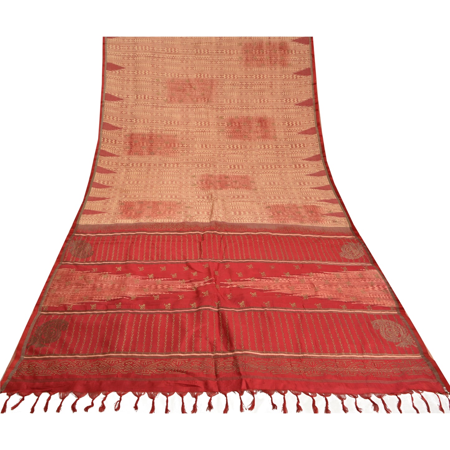 Sanskriti Vintage Cream/Dark Red Sarees Pure Silk Block Printed Sari Sustainable Fabric