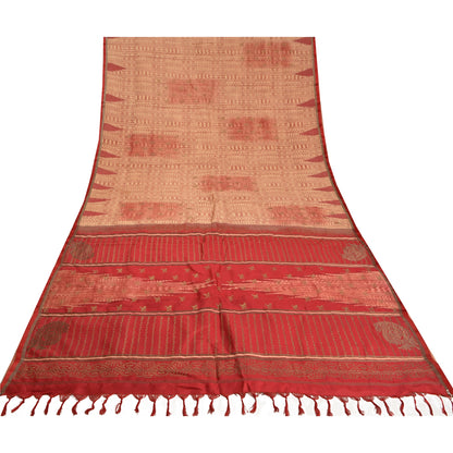Sanskriti Vintage Cream/Dark Red Sarees Pure Silk Block Printed Sari Sustainable Fabric