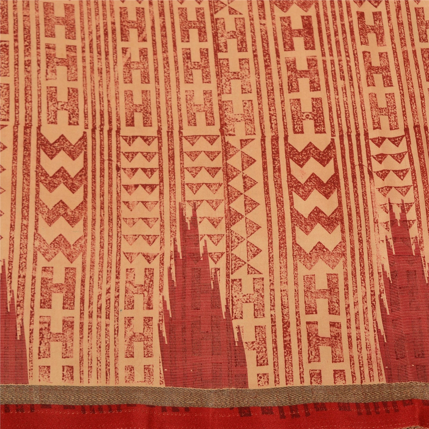 Sanskriti Vintage Cream/Dark Red Sarees Pure Silk Block Printed Sari Sustainable Fabric