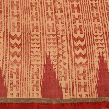 Sanskriti Vintage Cream/Dark Red Sarees Pure Silk Block Printed Sari Sustainable Fabric