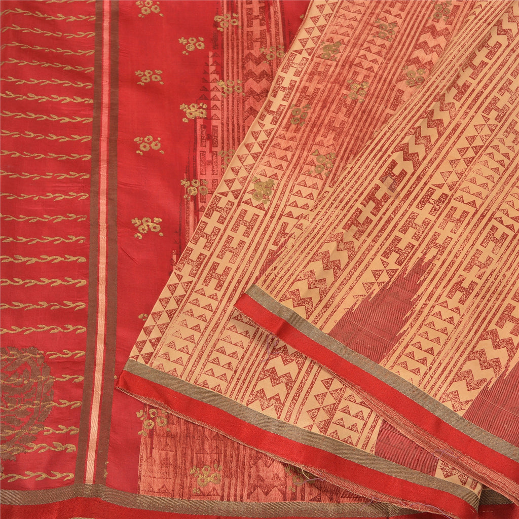 Sanskriti Vintage Cream/Dark Red Sarees Pure Silk Block Printed Sari Sustainable Fabric