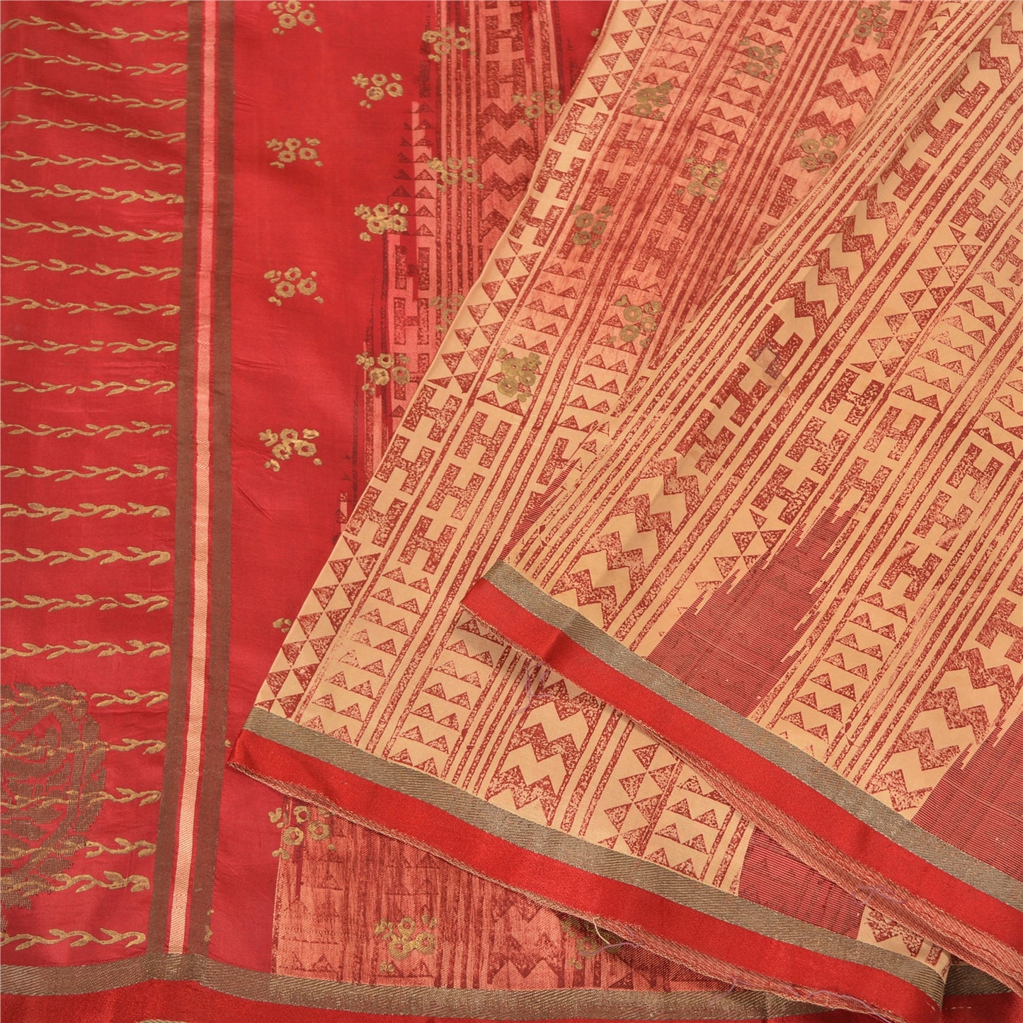 Sanskriti Vintage Cream/Dark Red Sarees Pure Silk Block Printed Sari Sustainable Fabric