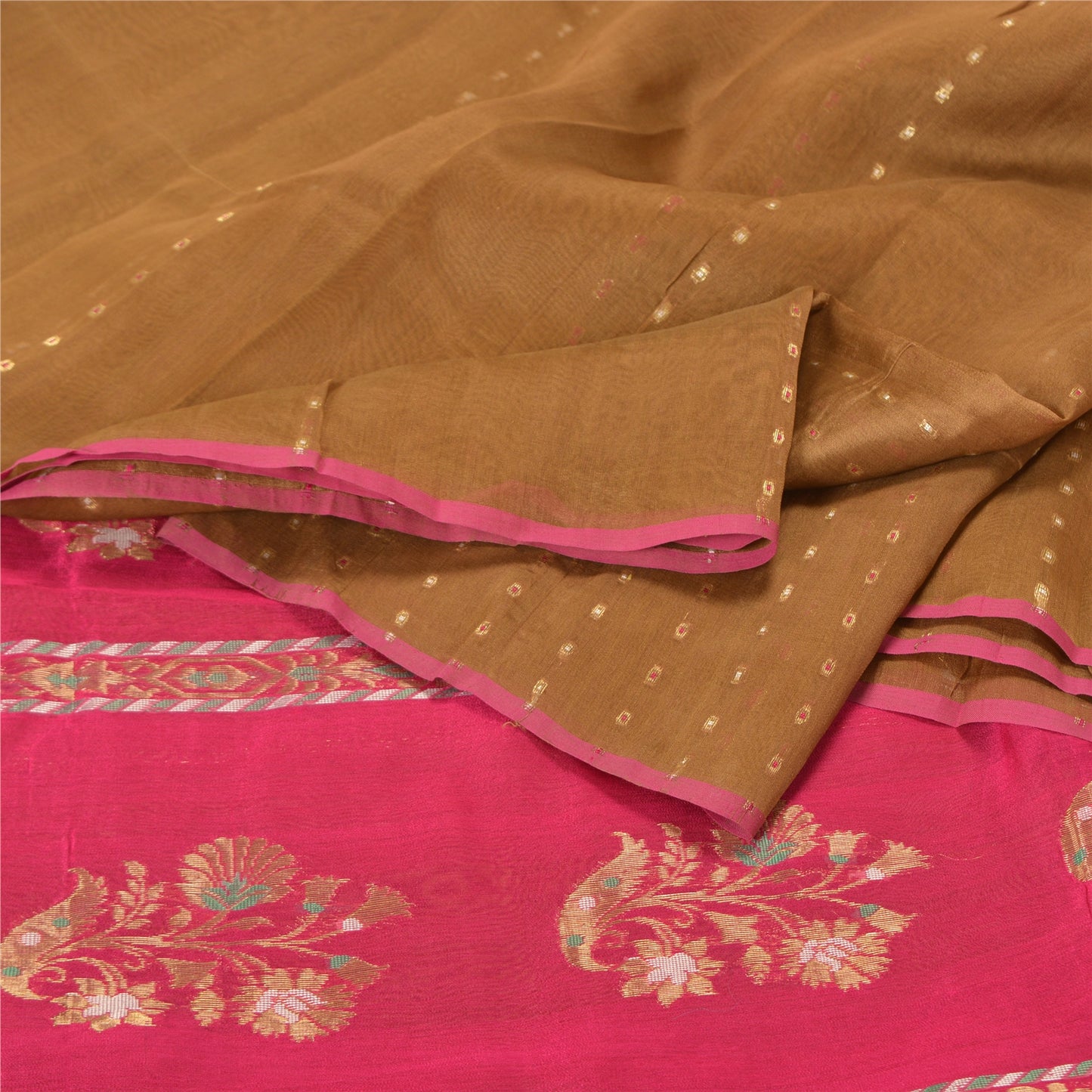Sanskriti Vintage Pink/Brown Sarees Cotton Silk Woven Brocade Sari Craft Sustainable Fabric