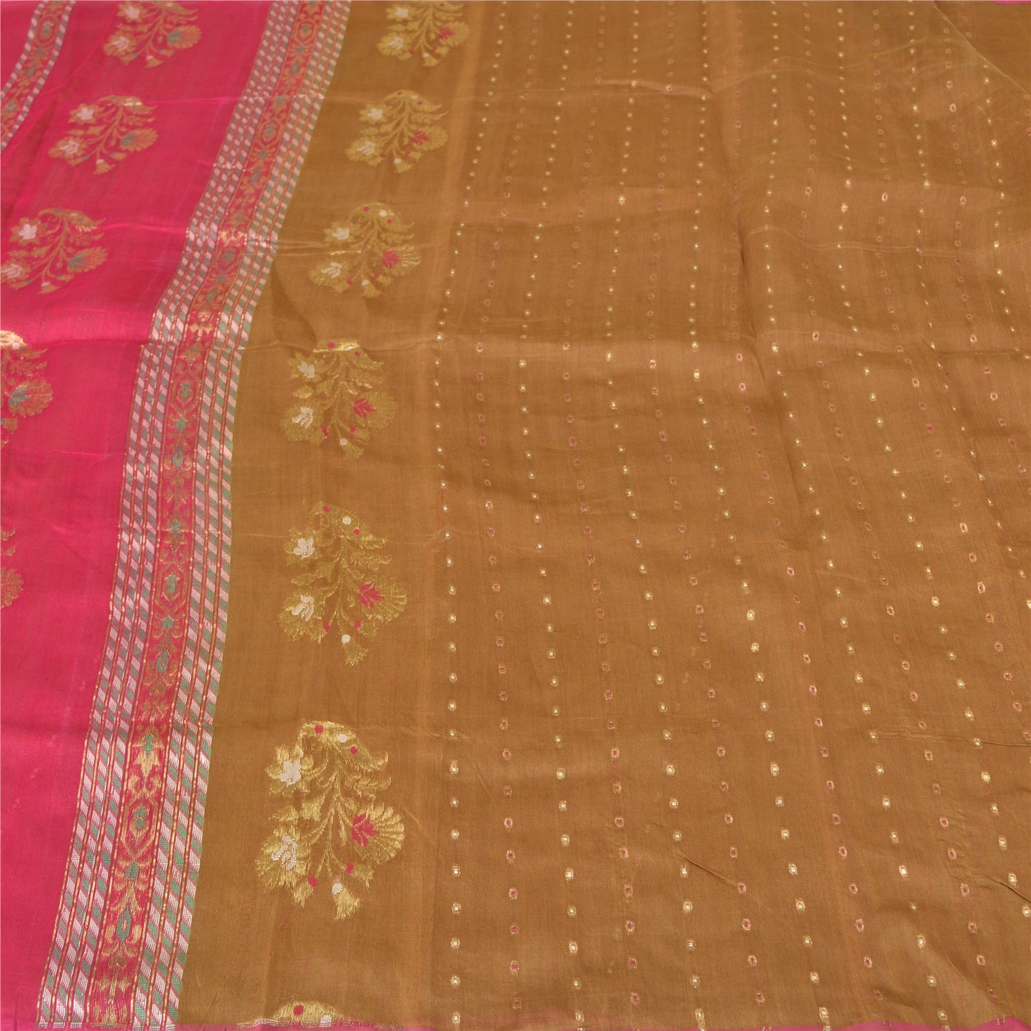 Sanskriti Vintage Pink/Brown Sarees Cotton Silk Woven Brocade Sari Craft Sustainable Fabric