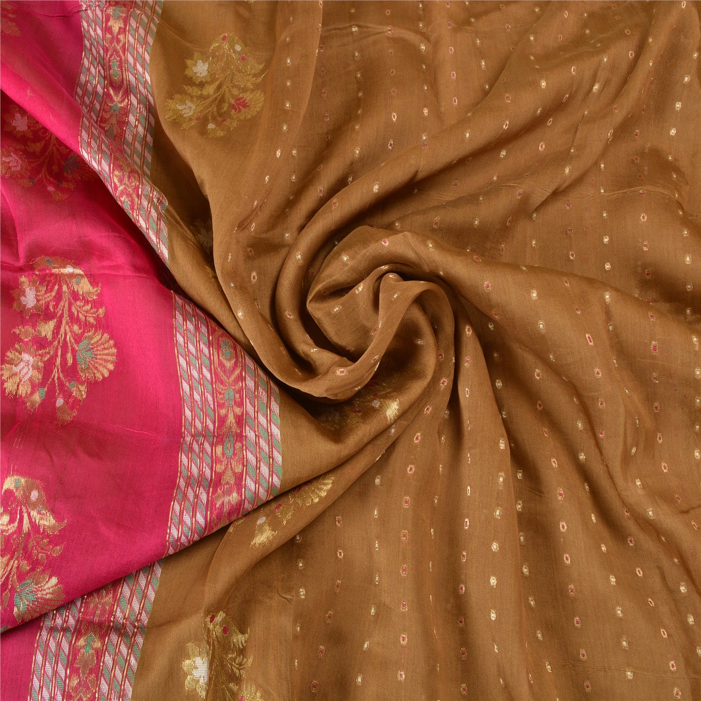 Sanskriti Vintage Pink/Brown Sarees Cotton Silk Woven Brocade Sari Craft Sustainable Fabric