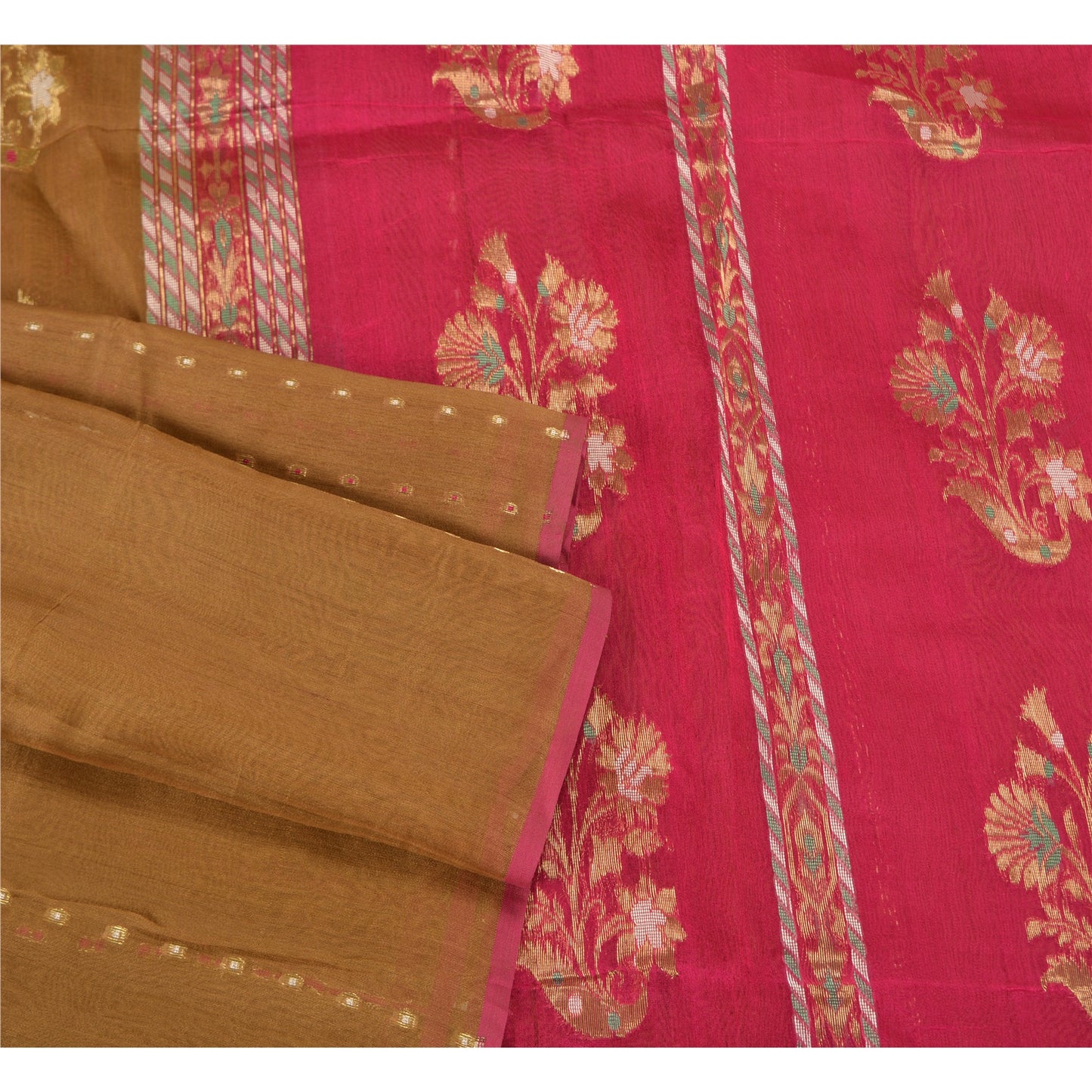 Sanskriti Vintage Pink/Brown Sarees Cotton Silk Woven Brocade Sari Craft Sustainable Fabric