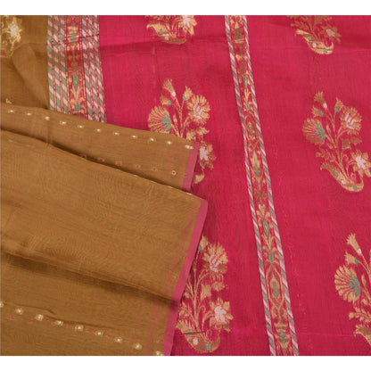 Sanskriti Vintage Pink/Brown Sarees Cotton Silk Woven Brocade Sari Craft Sustainable Fabric