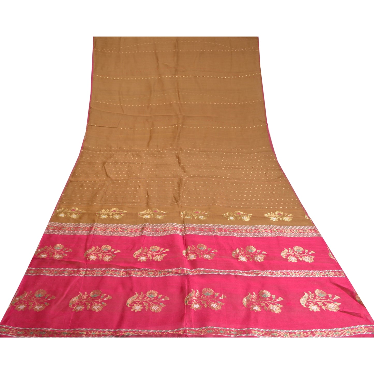 Sanskriti Vintage Pink/Brown Sarees Cotton Silk Woven Brocade Sari Craft Sustainable Fabric