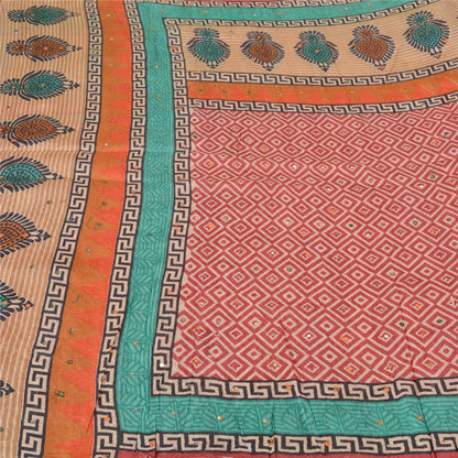 Sanskriti Vintage Red Indian Sarees 100% Pure Silk Hand Beaded Sari Craft Sustainable Fabric