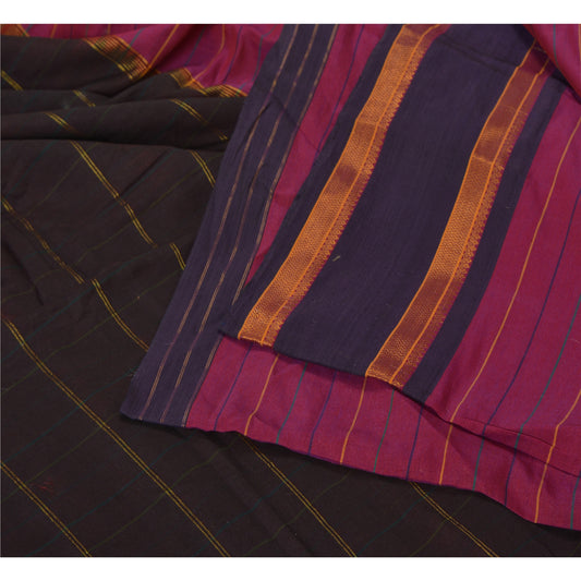Sanskriti Vintage Pink/Dark Brown Indian Sarees Blend Silk Woven Sari Sustainable Fabric