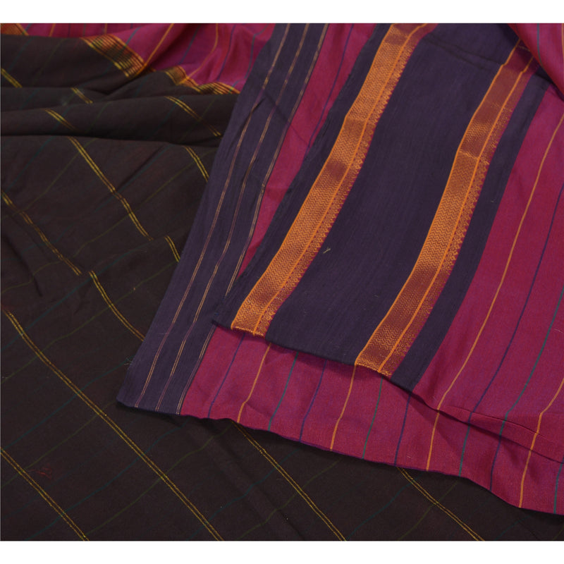 Sanskriti Vintage Pink/Dark Brown Indian Sarees Blend Silk Woven Sari Sustainable Fabric