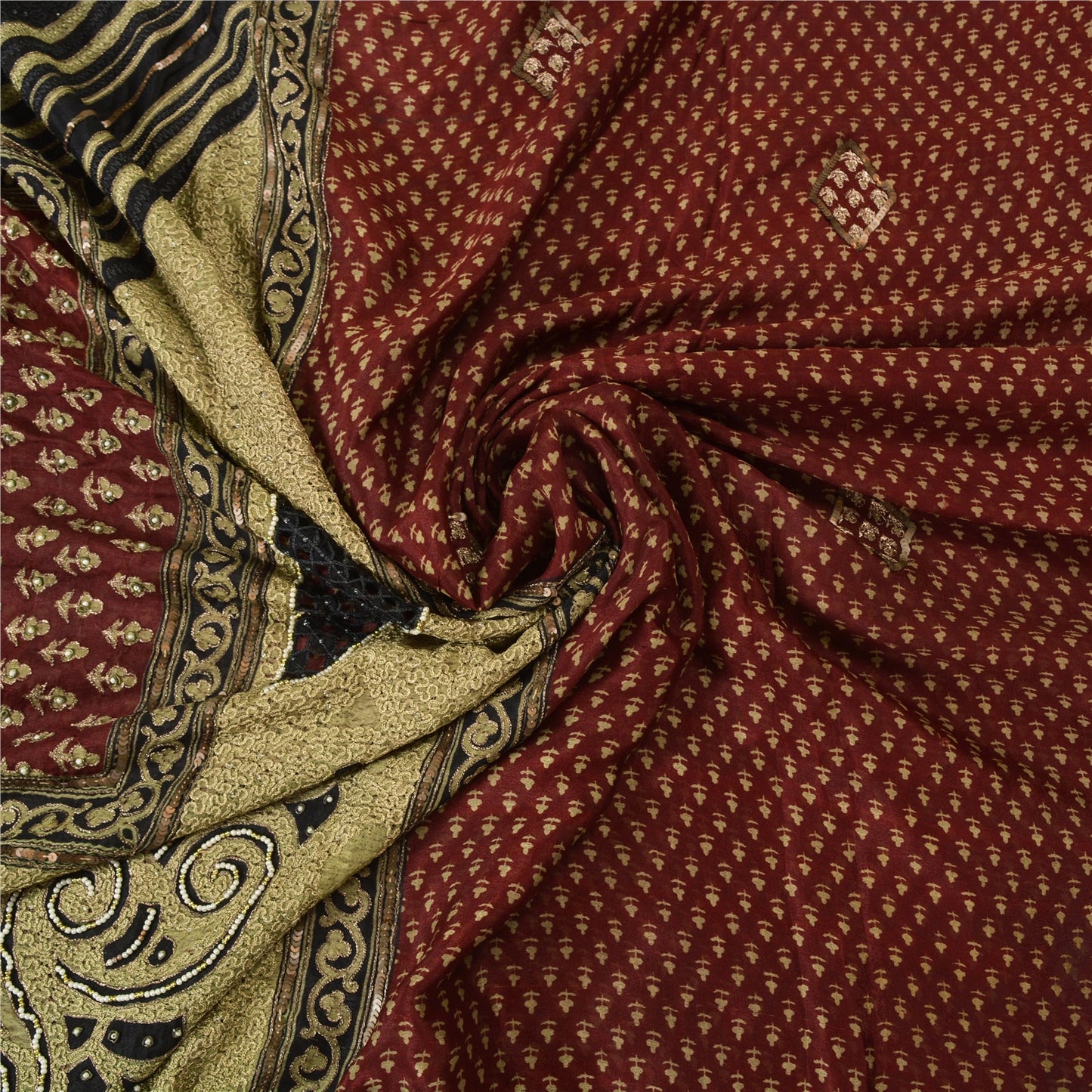 Sanskriti Vintage Dark Red Sarees Pure Silk Hand Beaded Premium Sari Sustainable Fabric