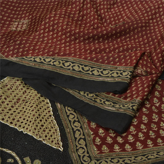 Sanskriti Vintage Dark Red Sarees Pure Silk Hand Beaded Premium Sari Sustainable Fabric