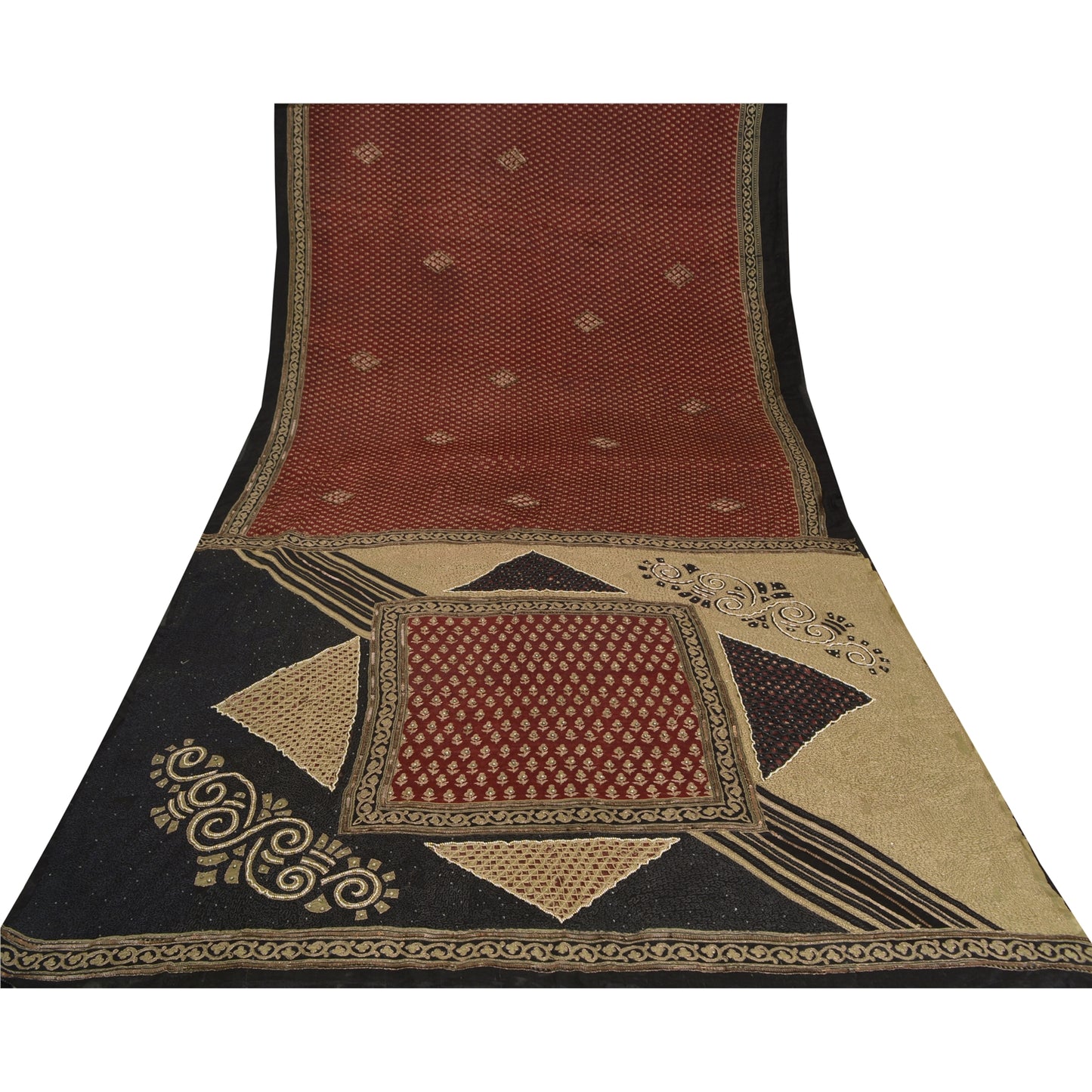 Sanskriti Vintage Dark Red Sarees Pure Silk Hand Beaded Premium Sari Sustainable Fabric