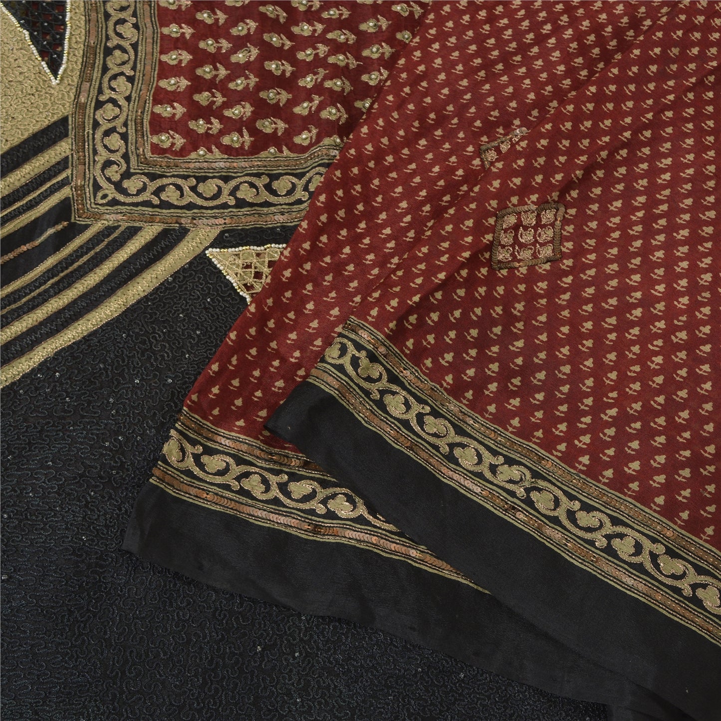 Sanskriti Vintage Dark Red Sarees Pure Silk Hand Beaded Premium Sari Sustainable Fabric