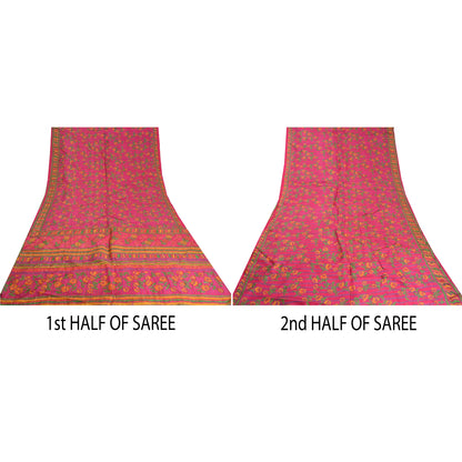 Sanskriti Vintage Pink Indian Sarees 100% Pure Silk Woven Sari 5 Yard Sustainable Fabric
