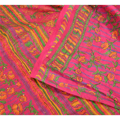 Sanskriti Vintage Pink Indian Sarees 100% Pure Silk Woven Sari 5 Yard Sustainable Fabric