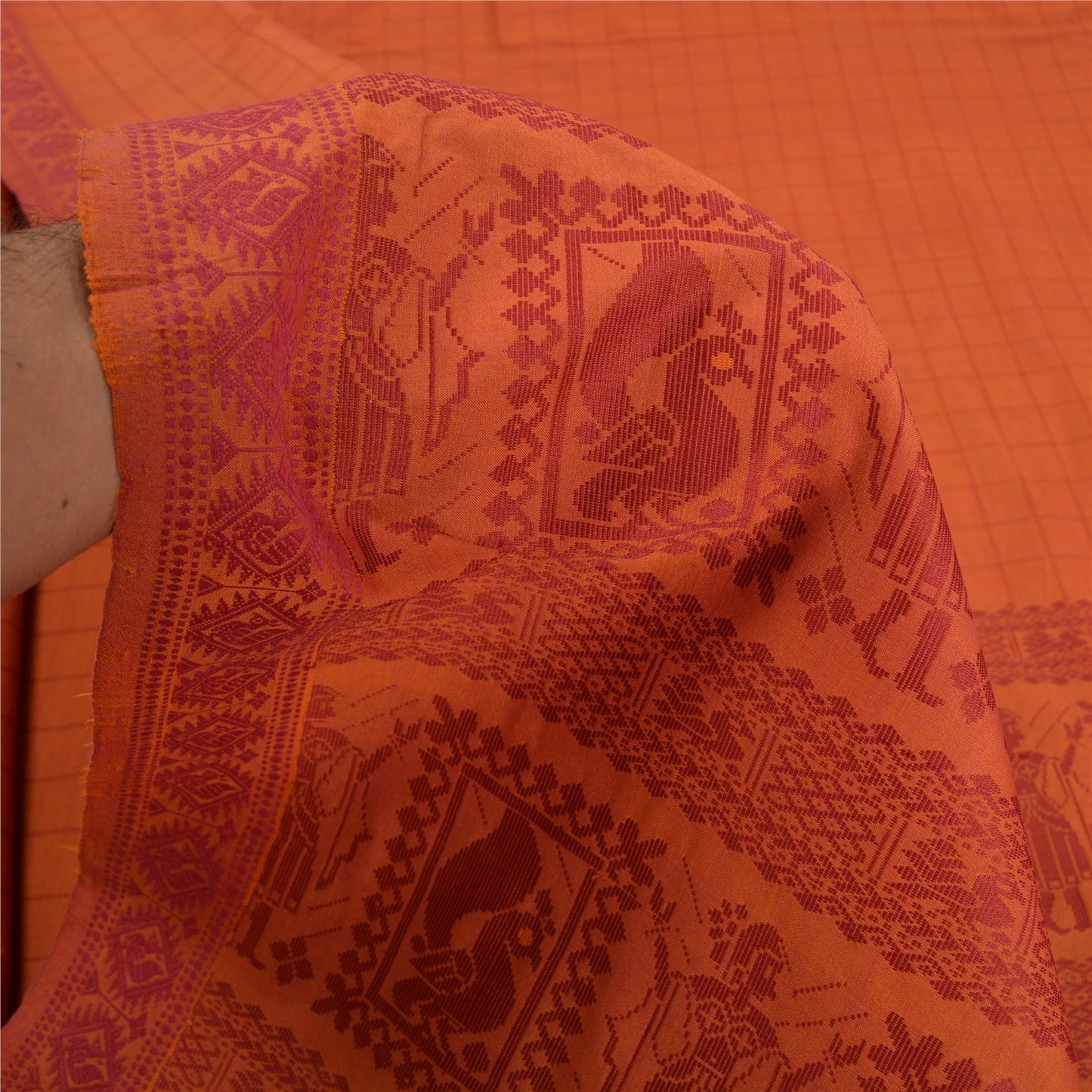 Sanskriti Vintage Orange Sarees Blend Silk Baluchari Woven Premium Sari Sustainable Fabric