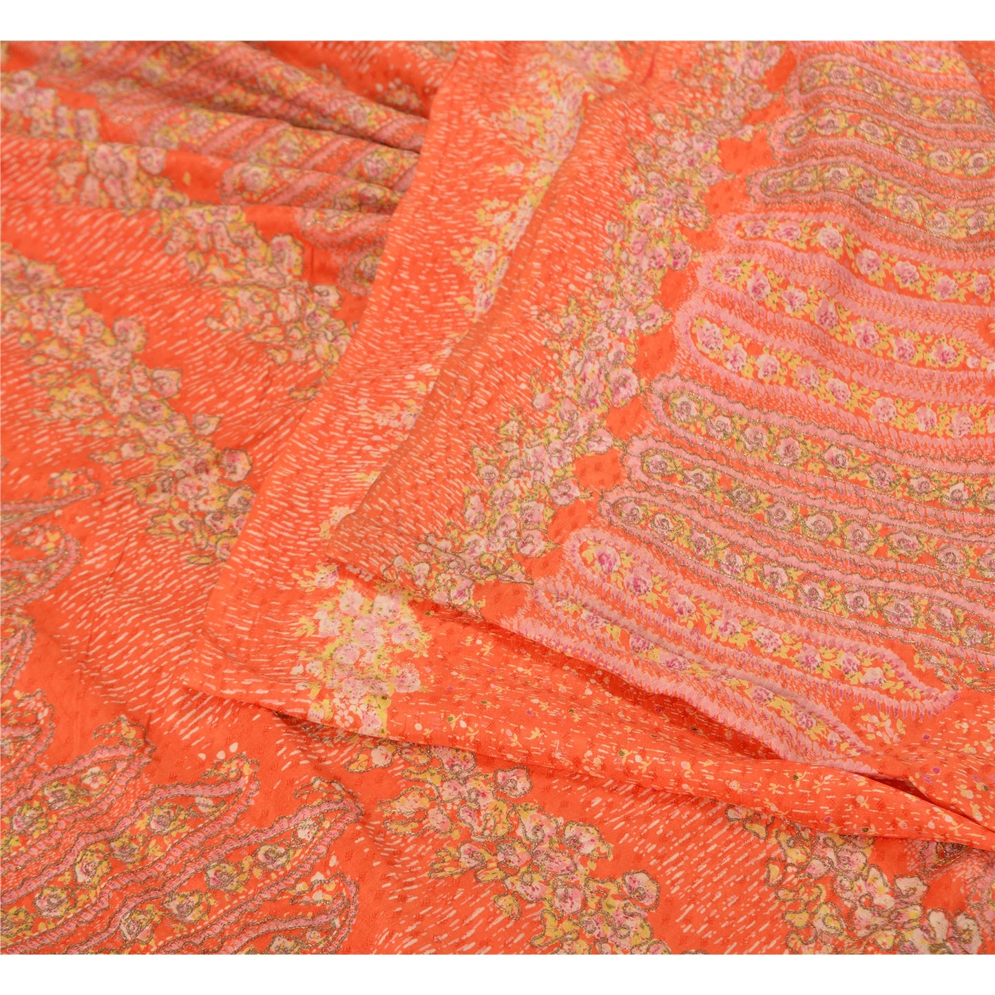 Sanskriti Vintage Orange Sarees 100% Pure Silk Hand Embroidered Zari Sari Sustainable Fabric