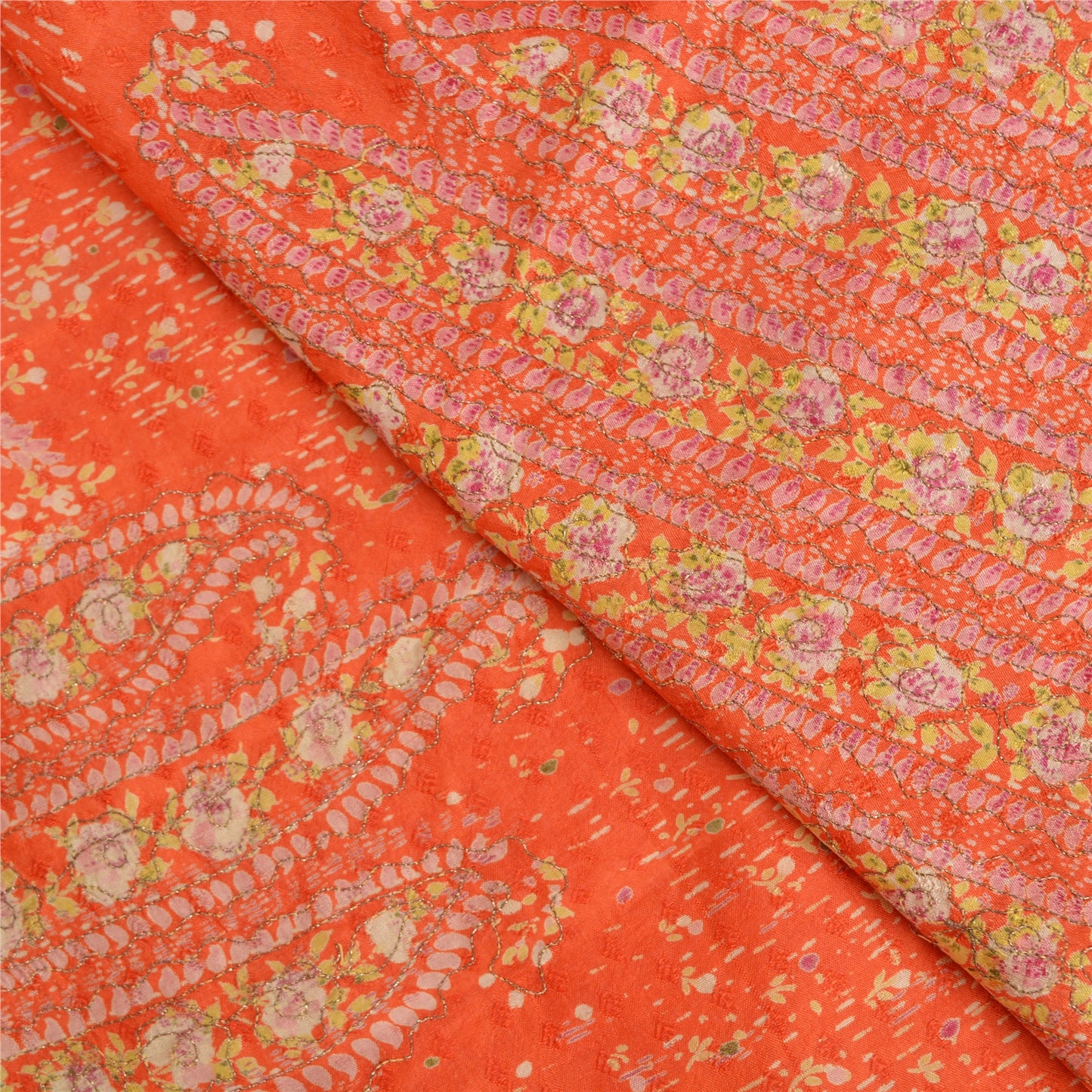 Sanskriti Vintage Orange Sarees 100% Pure Silk Hand Embroidered Zari Sari Sustainable Fabric
