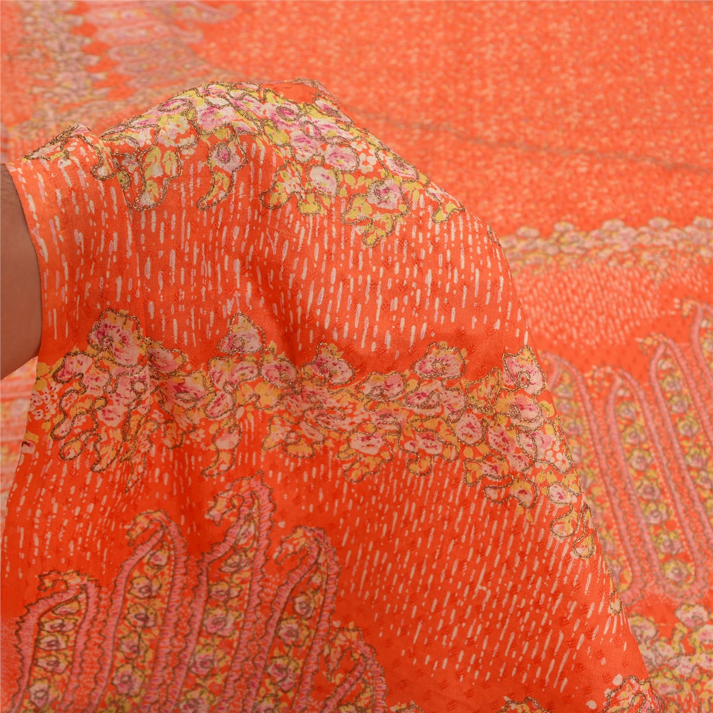Sanskriti Vintage Orange Sarees 100% Pure Silk Hand Embroidered Zari Sari Sustainable Fabric