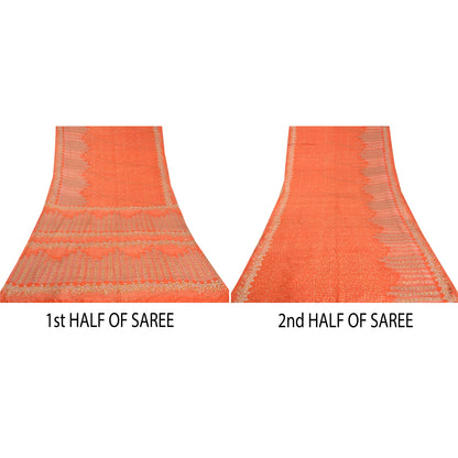 Sanskriti Vintage Orange Sarees 100% Pure Silk Hand Embroidered Zari Sari Sustainable Fabric